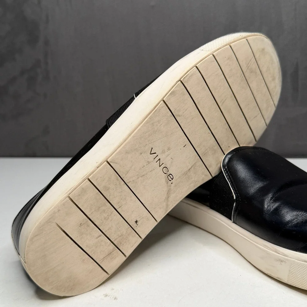 Vince Blair Slip On Sneakers Womens 7 Black‎ Leather Contrast Trim Flat Shoes